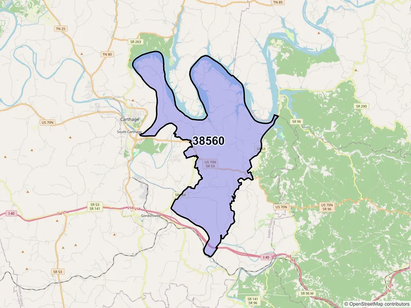 Map of ZIP Code 38560 — Elmwood, TN