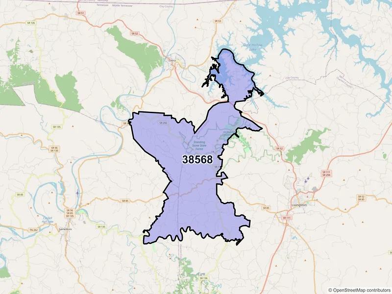 Map of ZIP Code 38568 — Hilham, TN