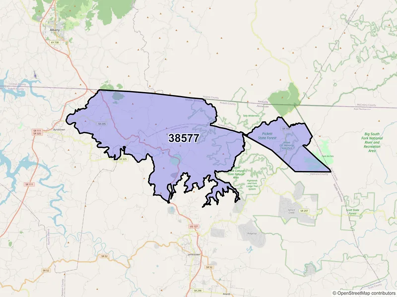 Map of ZIP Code 38577 — Pall Mall, TN