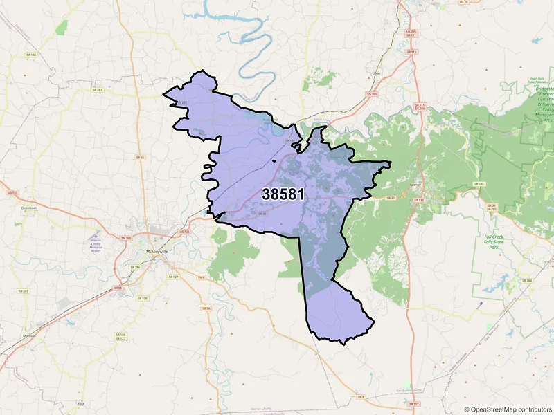 Map of ZIP Code 38581 — Rock Island, TN