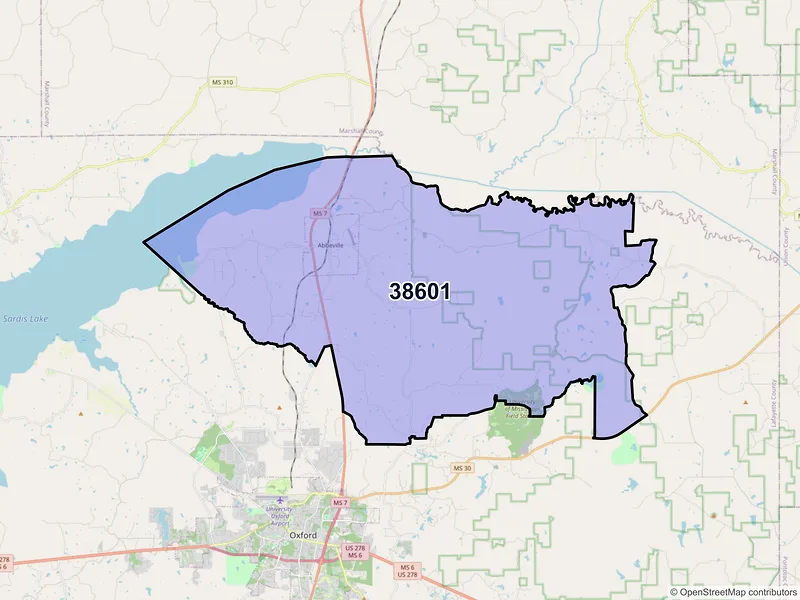 Map of ZIP Code 38601 — Abbeville, MS
