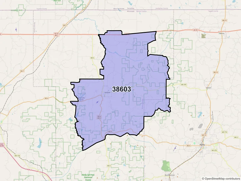 Map of ZIP Code 38603 — Ashland, MS