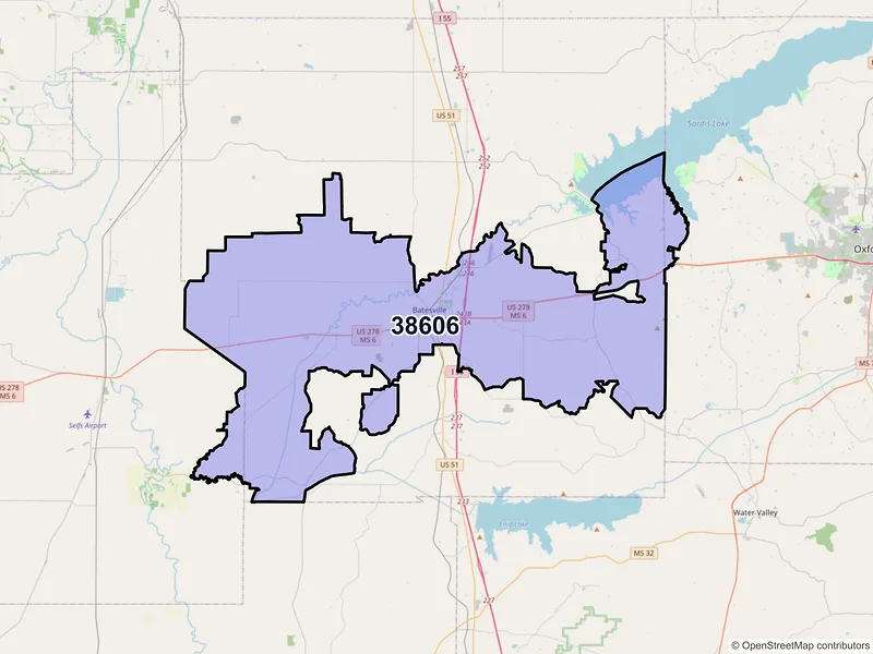 Map of ZIP Code 38606 — Batesville, MS