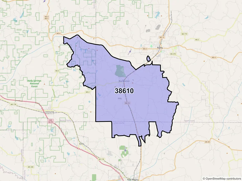 Map of ZIP Code 38610 — Blue Mountain, MS