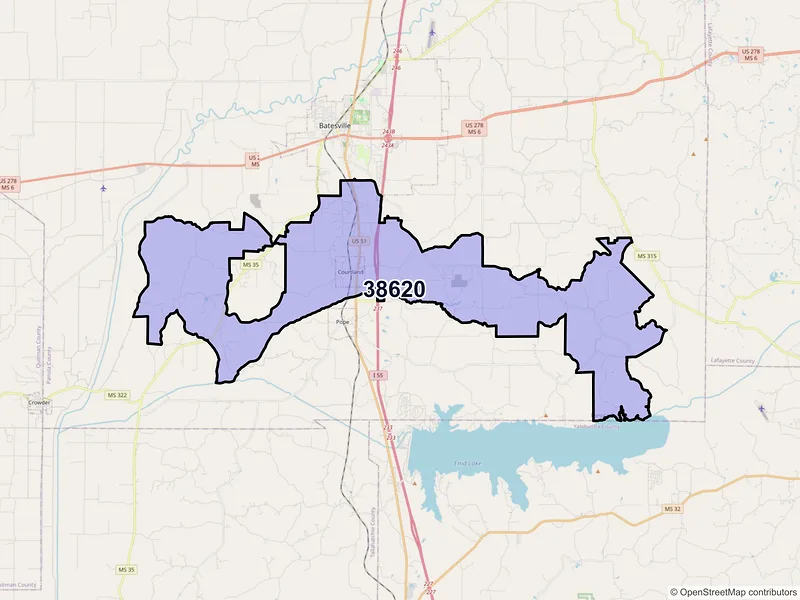 Map of ZIP Code 38620 — Courtland, MS