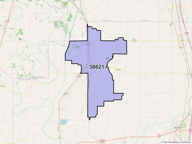 Map of ZIP Code 38621 — Crenshaw, MS