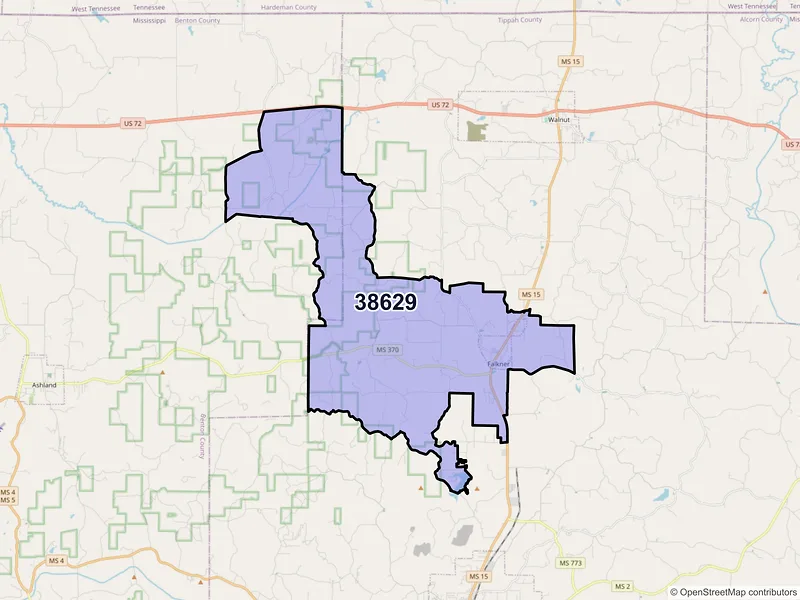 Map of Falkner, Mississippi and ZIP codes