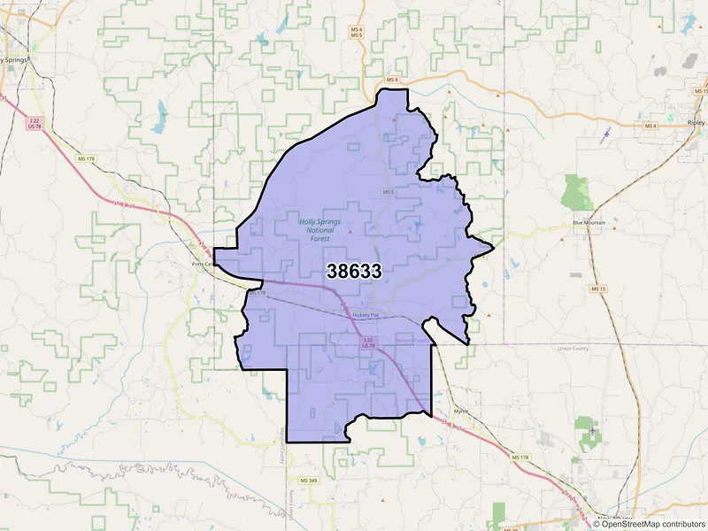 Map of ZIP Code 38633 — Hickory Flat, MS