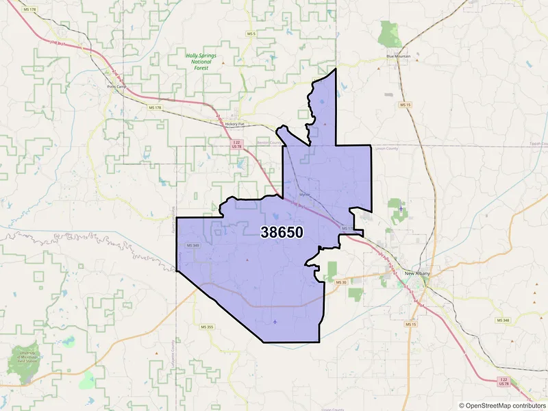 Map of Myrtle, Mississippi and ZIP codes