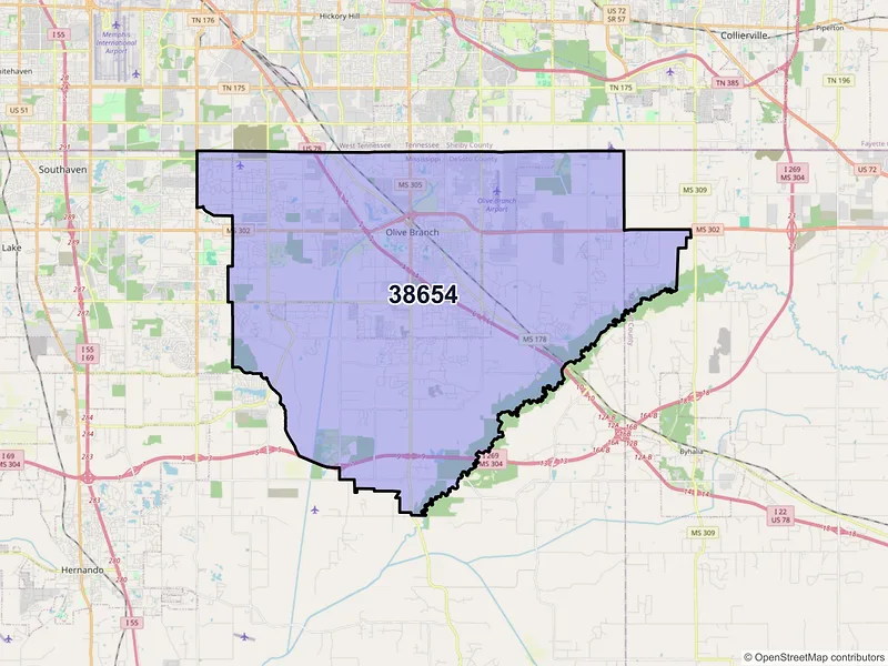 Map of Olive Branch, Mississippi and ZIP codes