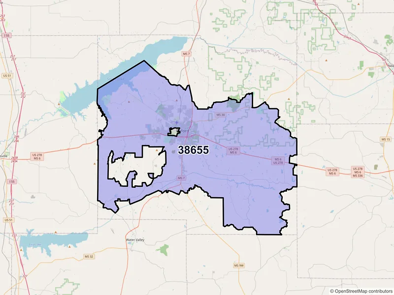 Map of ZIP Code 38655 — Oxford, MS