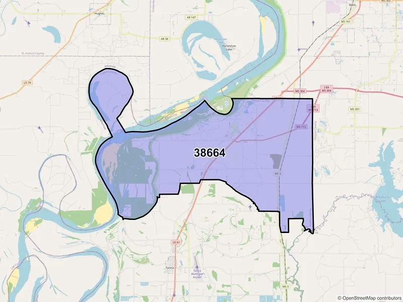Map of ZIP Code 38664 — Robinsonville, MS