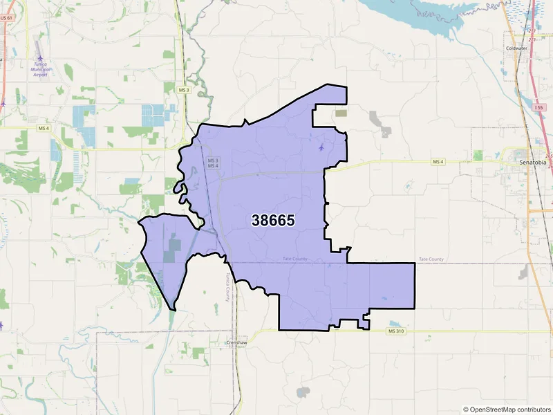Map of ZIP Code 38665 — Sarah, MS
