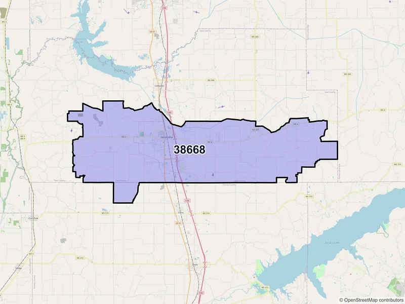 Map of Senatobia, Mississippi and ZIP codes