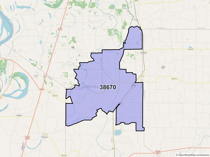 Map of ZIP Code 38670 — Sledge, MS