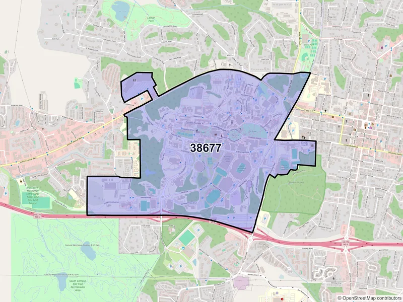 Map of University, Mississippi and ZIP codes