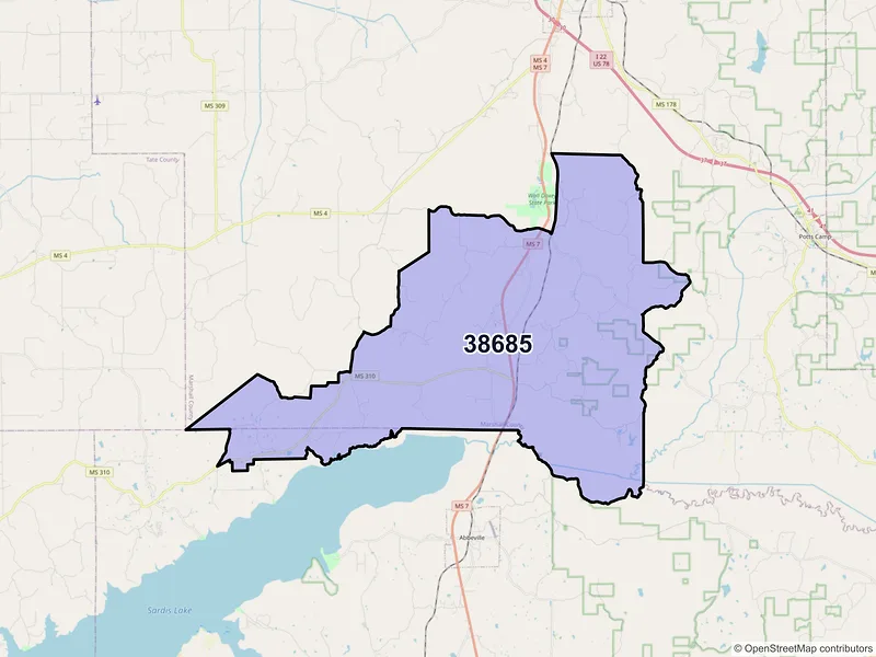 Map of ZIP Code 38685 — Waterford, MS