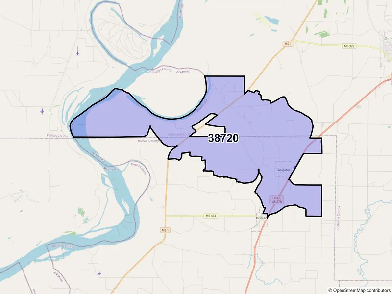 Map of ZIP Code 38720 — Alligator, MS