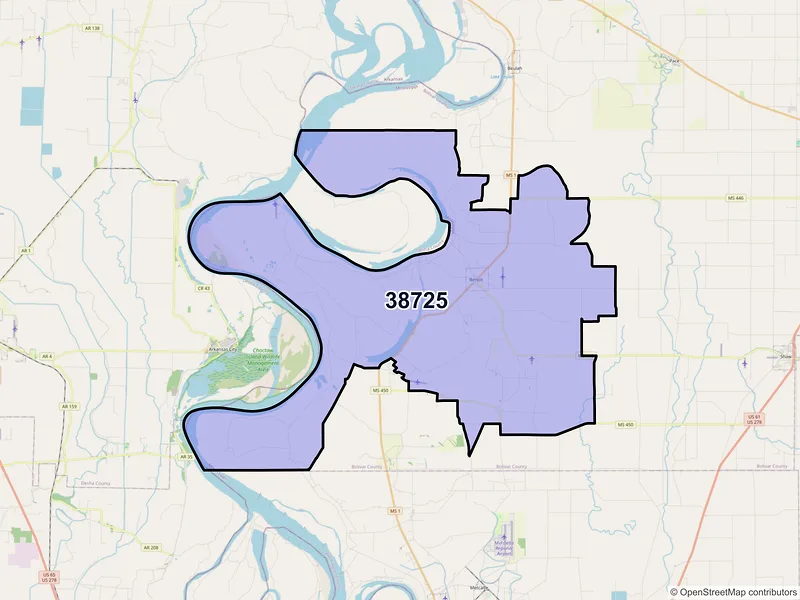 Map of ZIP Code 38725 — Benoit, MS