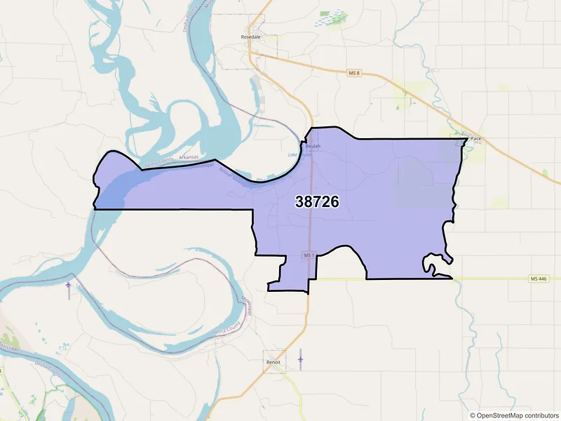 Map of ZIP Code 38726 — Beulah, MS