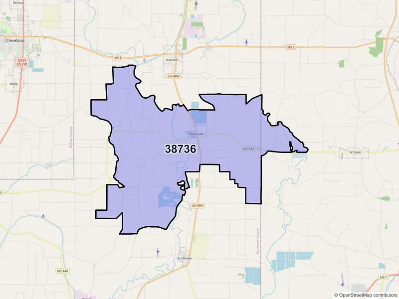 Map of ZIP Code 38736 — Doddsville, MS