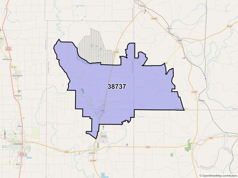 Map of ZIP Code 38737 — Drew, MS