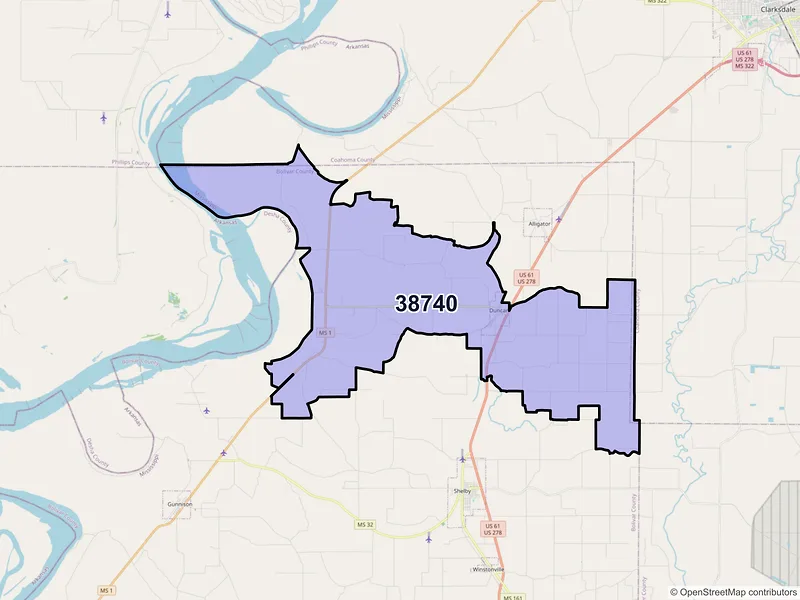 Map of ZIP Code 38740 — Duncan, MS