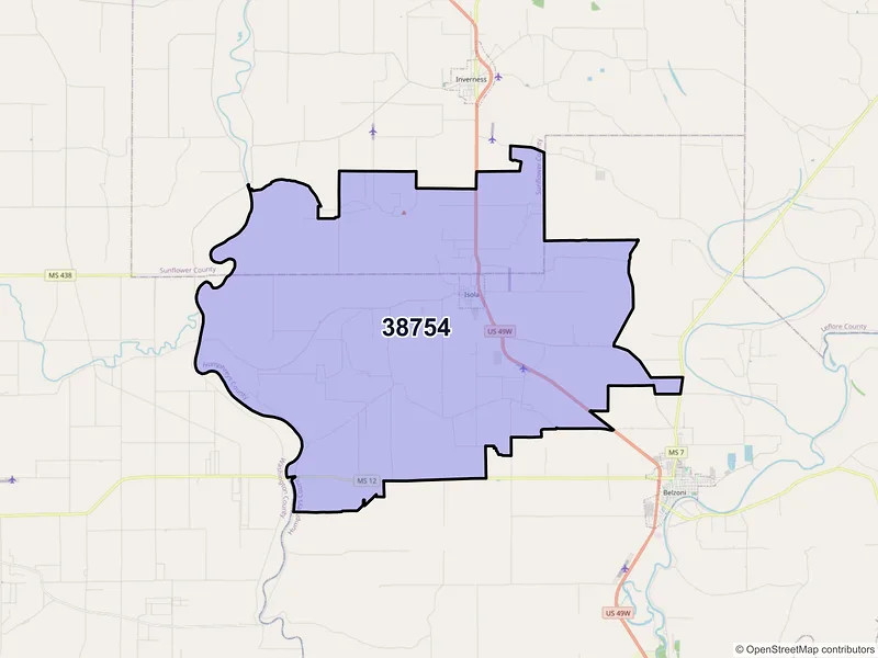 Map of ZIP Code 38754 — Isola, MS