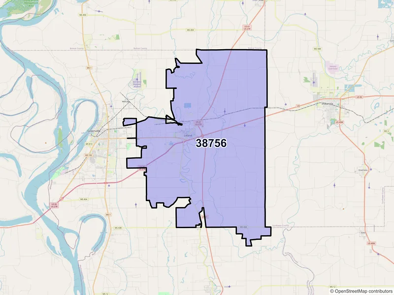 Map of ZIP Code 38756 — Leland, MS