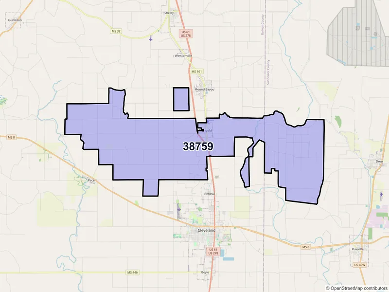 Map of ZIP Code 38759 — Merigold, MS