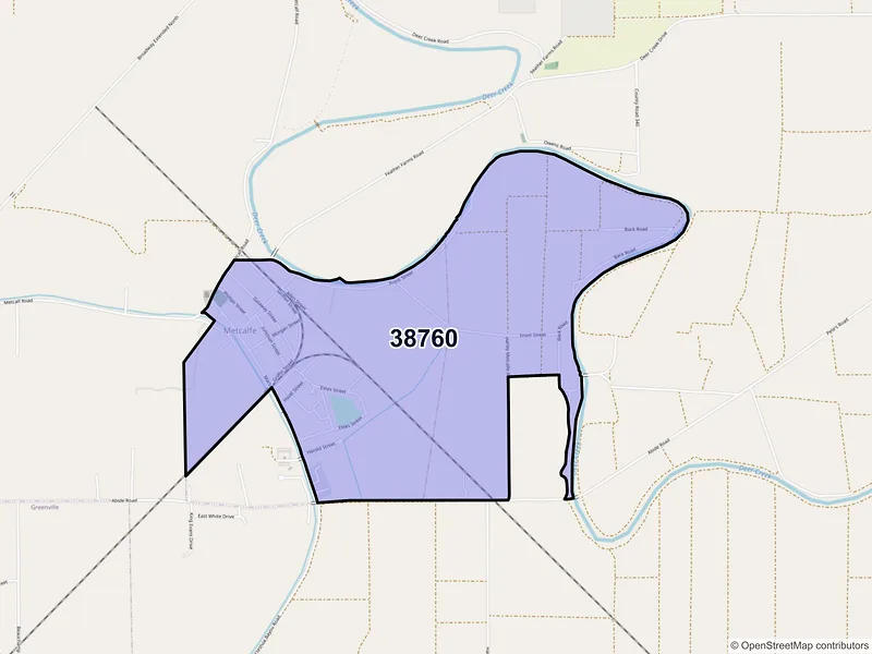 Map of Metcalfe, Mississippi and ZIP codes