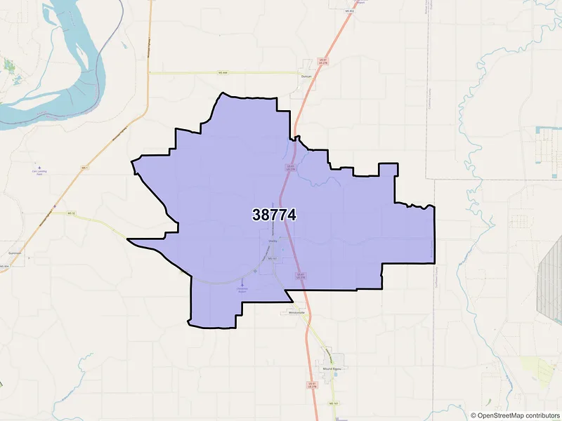 Map of Shelby, Mississippi and ZIP codes