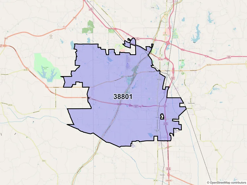 Map of ZIP Code 38801 — Tupelo, MS