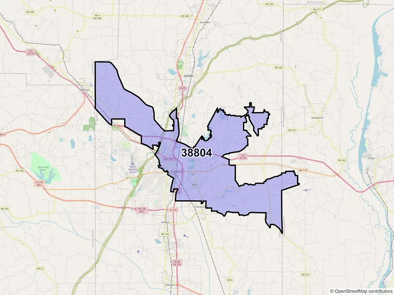 Map of ZIP Code 38804 — Tupelo, MS