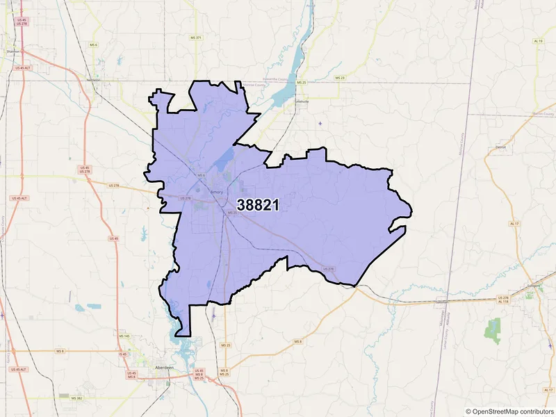 Map of ZIP Code 38821 — Amory, MS