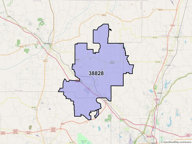 Map of Blue Springs, Mississippi and ZIP codes