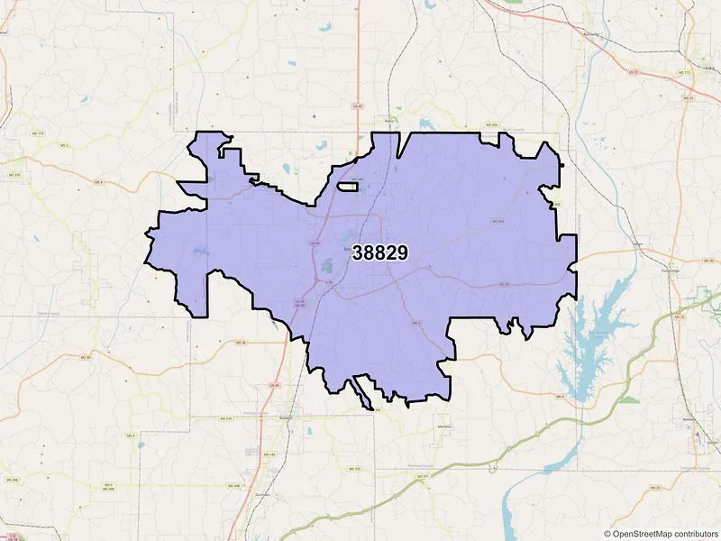 Map of ZIP Code 38829 — Booneville, MS