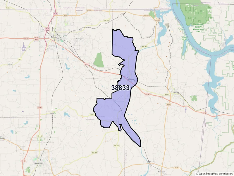 Map of ZIP Code 38833 — Burnsville, MS