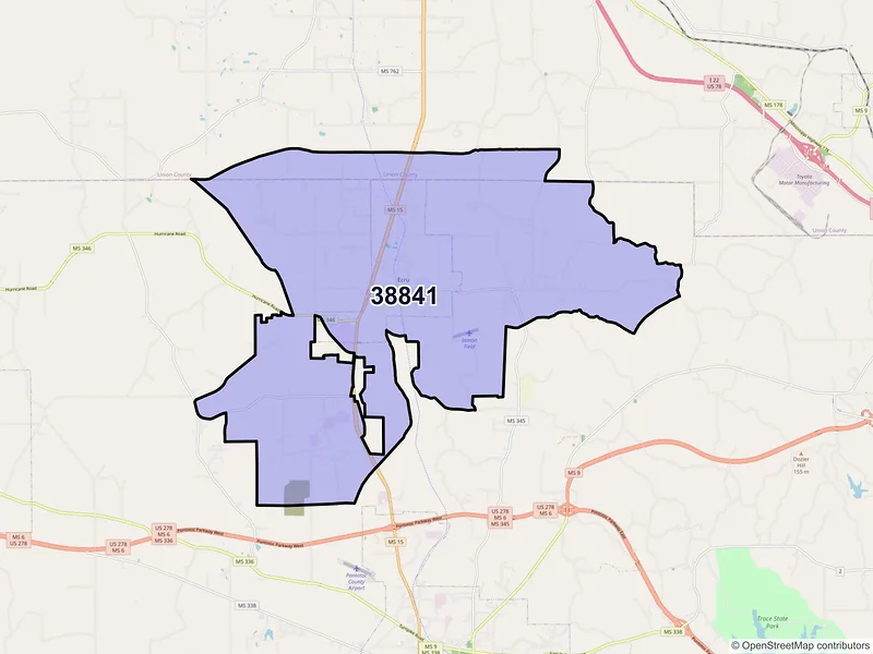 Map of Ecru, Mississippi and ZIP codes