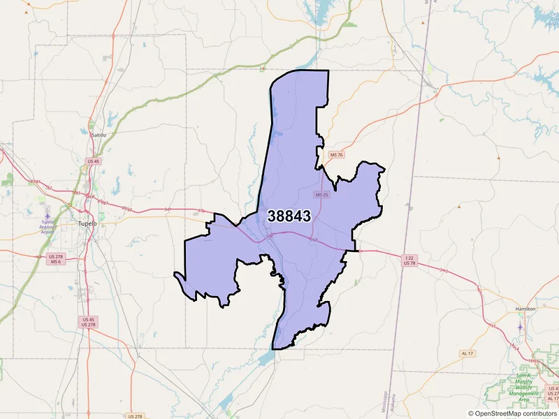 Map of ZIP Code 38843 — Fulton, MS