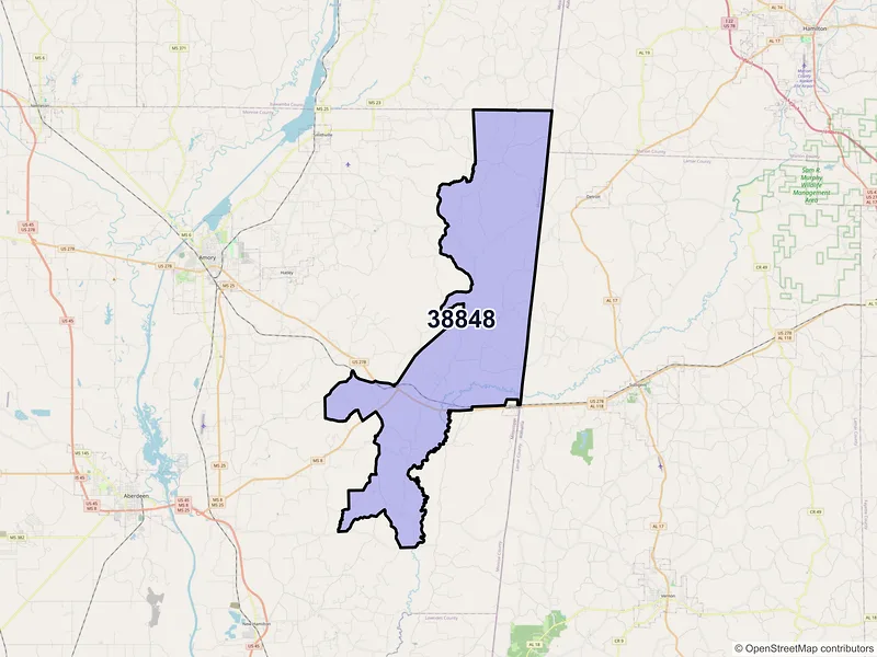 Map of ZIP Code 38848 — Greenwood Springs, MS