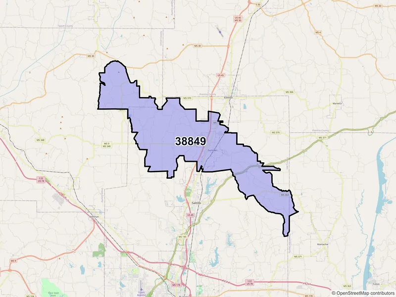 Map of ZIP Code 38849 — Guntown, MS