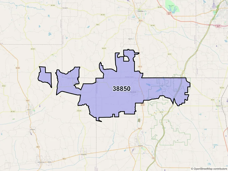 Map of ZIP Code 38850 — Houlka, MS