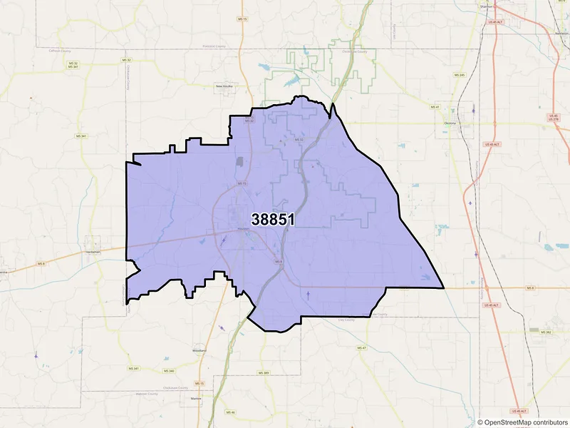 Map of ZIP Code 38851 — Houston, MS