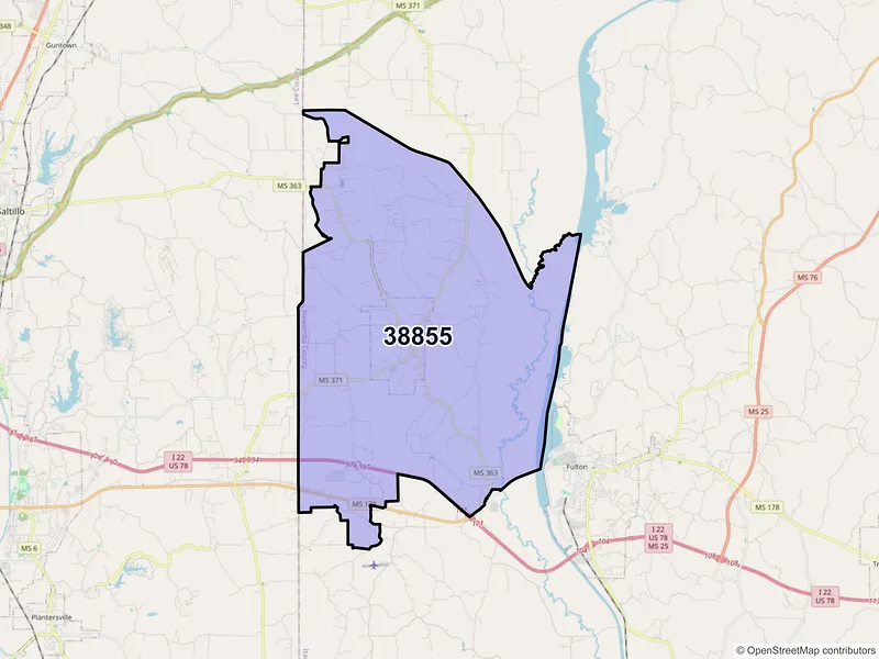 Map of Mantachie, Mississippi and ZIP codes
