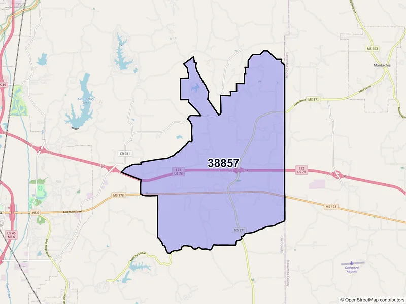 Map of ZIP Code 38857 — Mooreville, MS