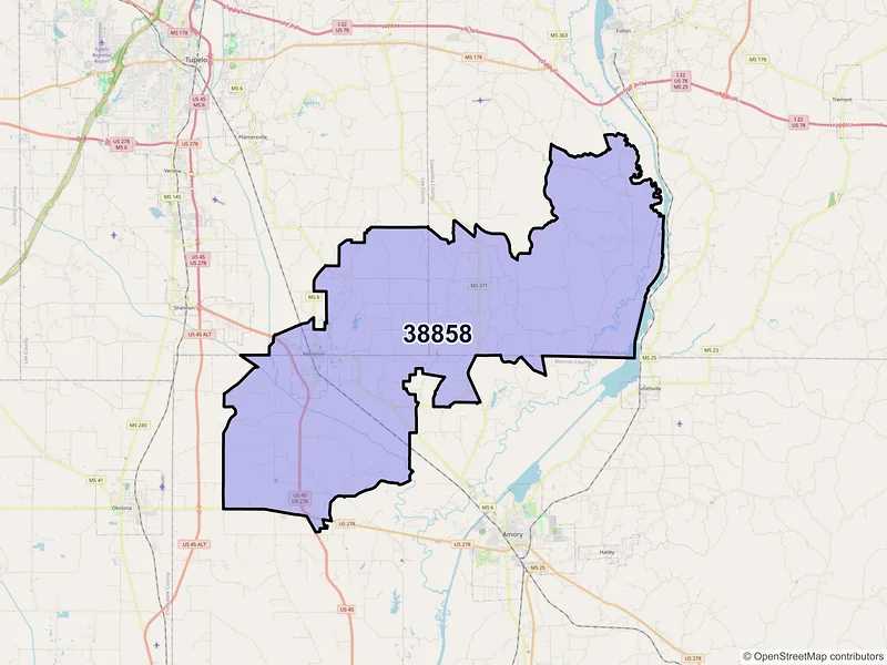 Map of ZIP Code 38858 — Nettleton, MS