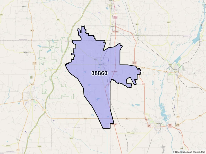 Map of ZIP Code 38860 — Okolona, MS