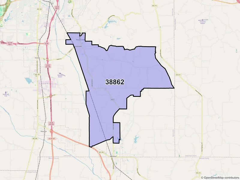 Map of ZIP Code 38862 — Plantersville, MS