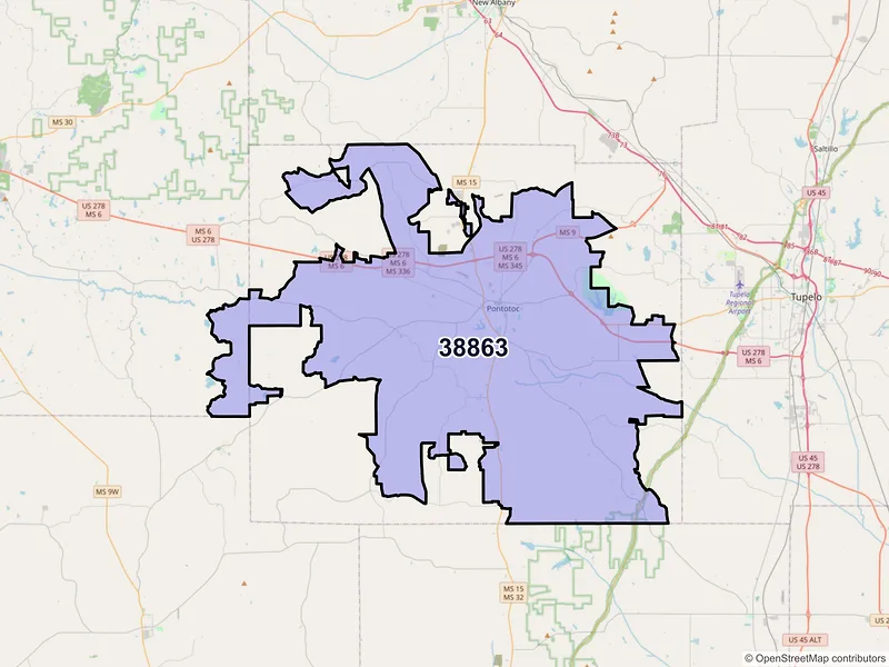Map of ZIP Code 38863 — Pontotoc, MS